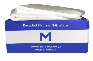 80L White Recycled Bin Liners x 350's pack (800mm x 1000mm x 30mu)