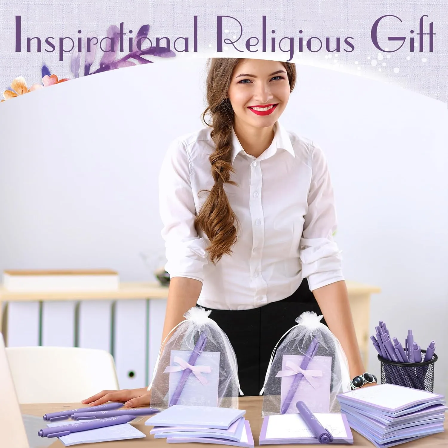 90 Pcs Employee Appreciation Gifts Set 30 Pcs Inspirational Sticky Notes 30 Pcs Motivational Ballpoint Pens 30 Pcs Mesh Bags Thank You Christian Gifts for Nurse Teacher Coworker(Bible)
