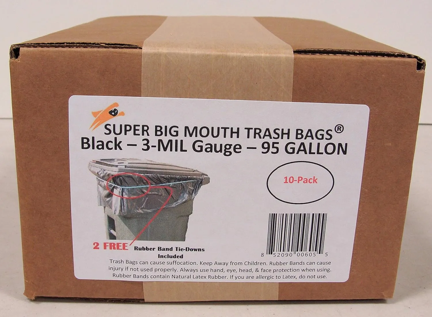 95 Gallon Super Big Mouth Trash Bags 10-Pack Plus 2 Free Rubber Tie Down Band