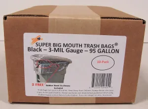 95 Gallon Super Big Mouth Trash Bags 10-Pack Plus 2 Free Rubber Tie Down Band