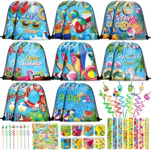 98 Pcs Pool Party Favors Drawstring Bags Beach Party Favors Goodie Bags with Drinking Straws Slap Bracelets Stickers for Summer Pool Party Supplies