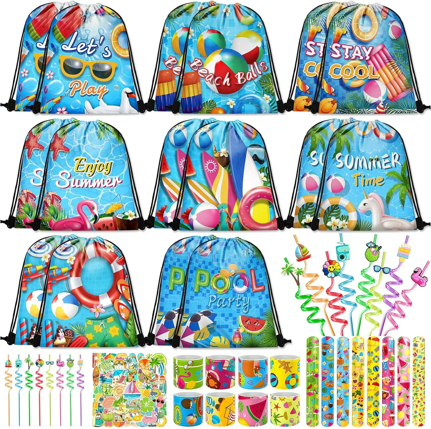 98 Pcs Pool Party Favors Drawstring Bags Beach Party Favors Goodie Bags with Drinking Straws Slap Bracelets Stickers for Summer Pool Party Supplies