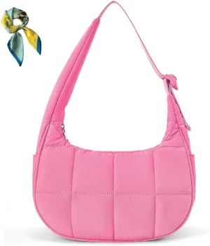 Adjustable Strap Compact Handbag for Women,Waterproof Crescent Shoulder Bag Tote Bags,Small Nylon Quilted Hobo Purse