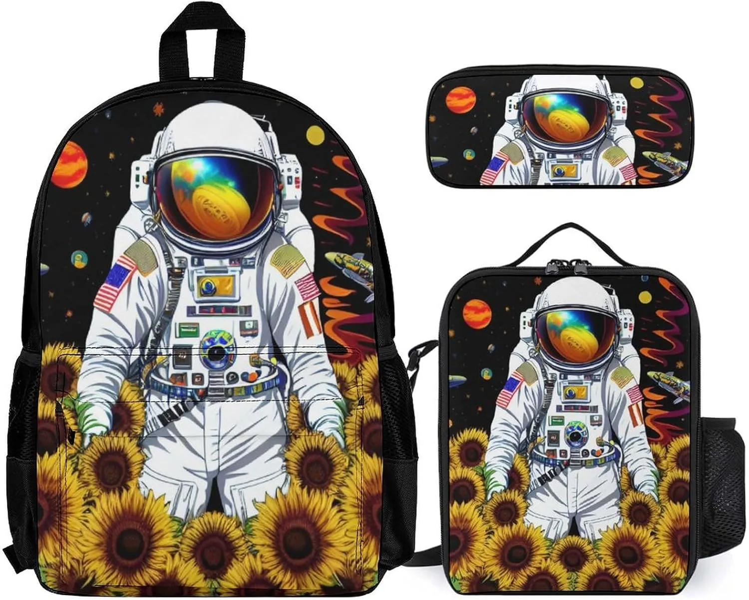 Adults Backpack - Psychedelic Space Astronaut Sunflower Snake Art Shoulder Bag Shoulder Book Bags Travel Hiking Daypack, 3 Piece Daypack Climbing Shoulder Bag