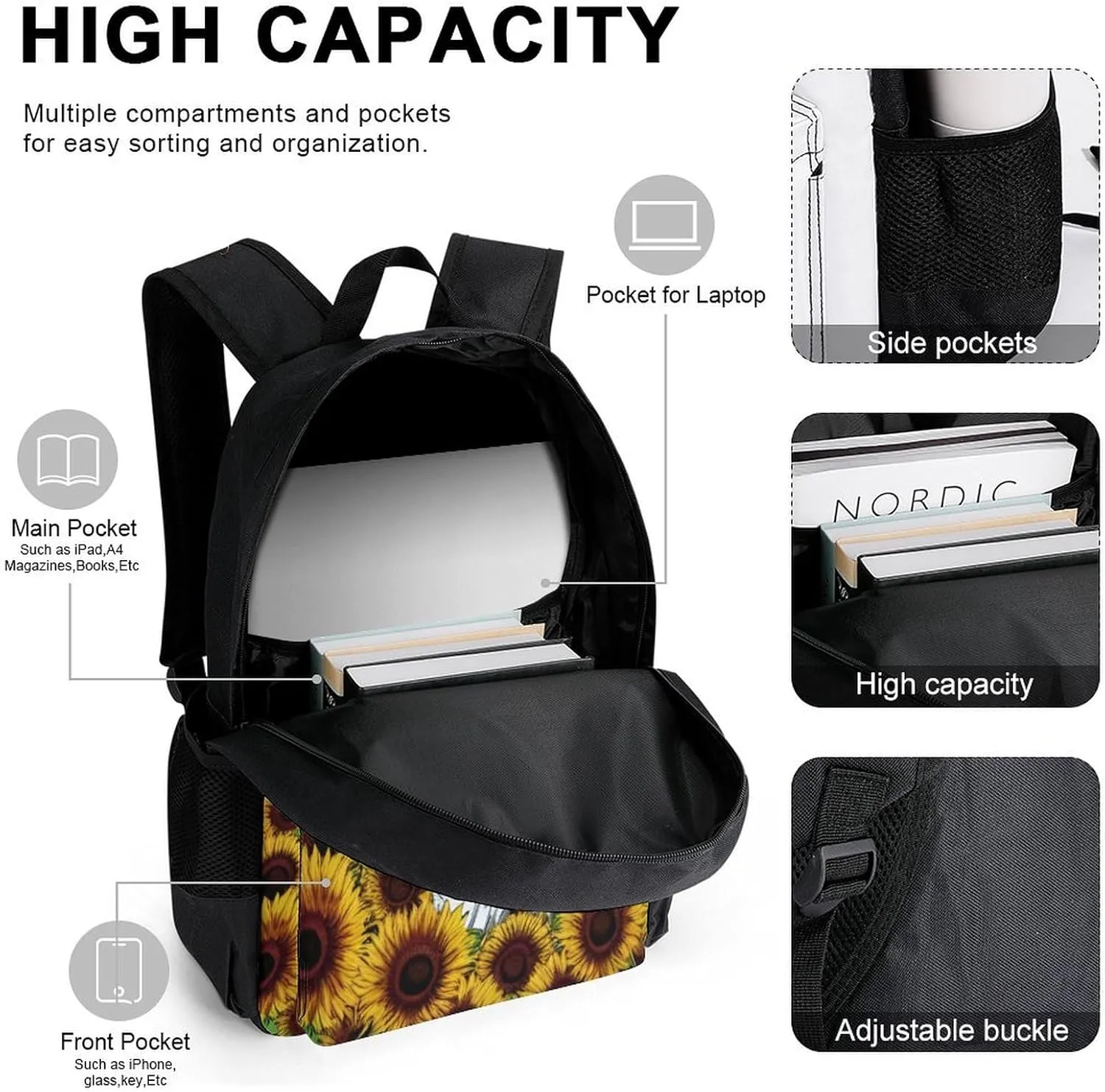 Adults Backpack - Psychedelic Space Astronaut Sunflower Snake Art Shoulder Bag Shoulder Book Bags Travel Hiking Daypack, 3 Piece Daypack Climbing Shoulder Bag