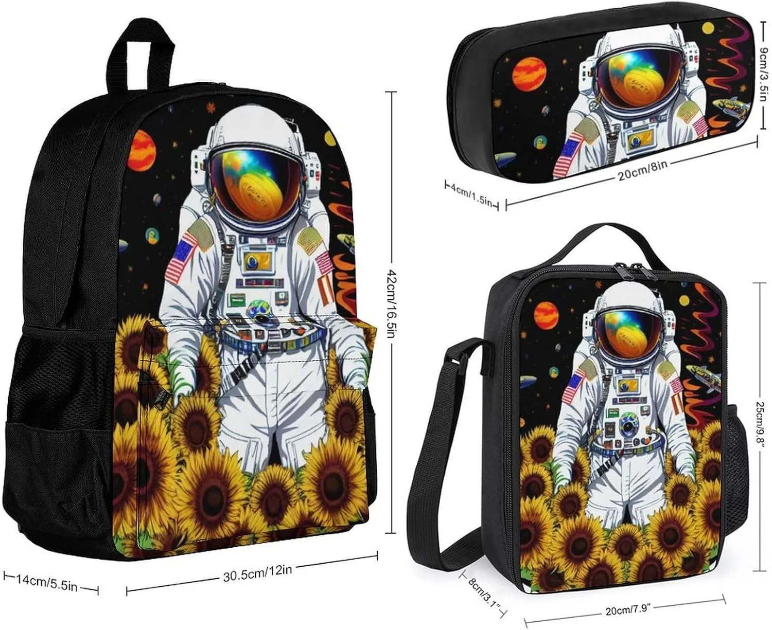 Adults Backpack - Psychedelic Space Astronaut Sunflower Snake Art Shoulder Bag Shoulder Book Bags Travel Hiking Daypack, 3 Piece Daypack Climbing Shoulder Bag