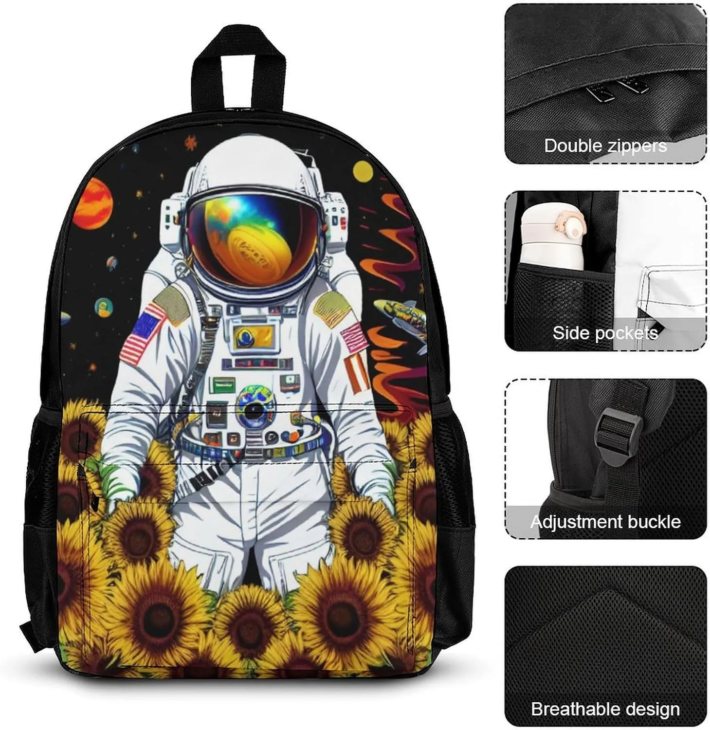 Adults Backpack - Psychedelic Space Astronaut Sunflower Snake Art Shoulder Bag Shoulder Book Bags Travel Hiking Daypack, 3 Piece Daypack Climbing Shoulder Bag