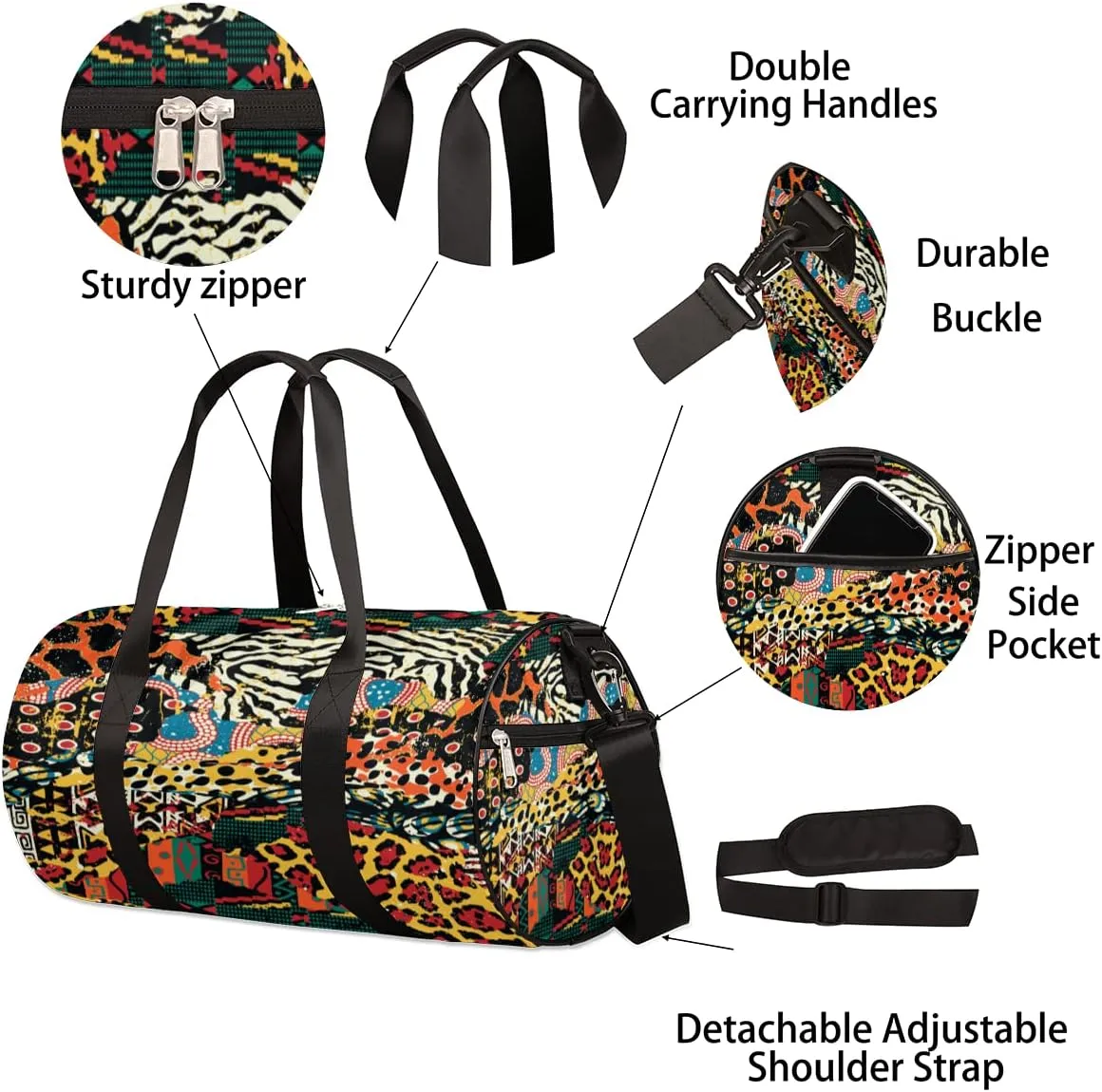 African Animal Print Vintage Gym Bag Small Gym Duffel Bags for Men Women Overnight Weekender Bags Lightweight Sport Duffle Bag Carry On Gymbag