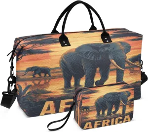 African Elephant Sunset Orange Sports Gym Bag for Women Men Travel Duffel Bag Weekend Overnight Carry on Bag with Toiletry Bag for Plane Hospital Swimming Yoga Workout