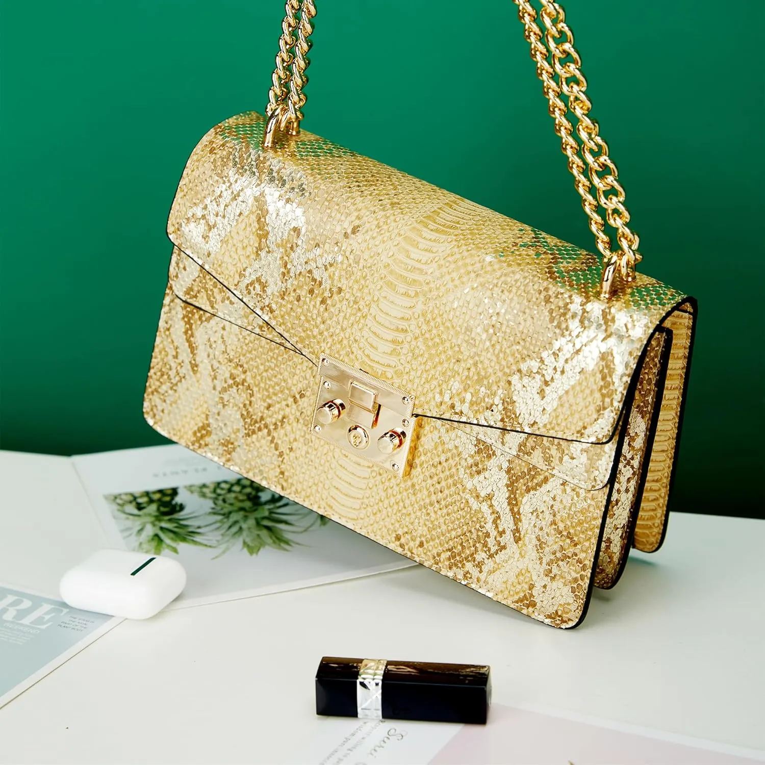 Aiqudou Crossbody Bag and Satchel Purse for Women - Fashion Snake Print Chain Purse Luxury PU Leather HandBag