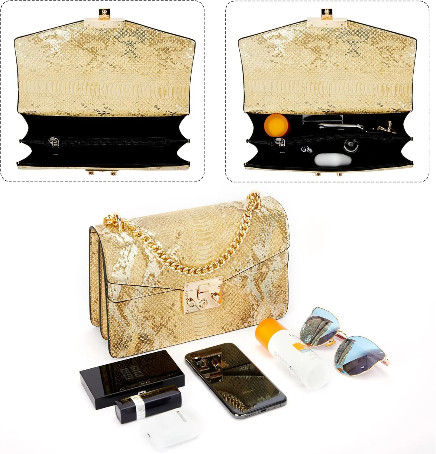 Aiqudou Crossbody Bag and Satchel Purse for Women - Fashion Snake Print Chain Purse Luxury PU Leather HandBag