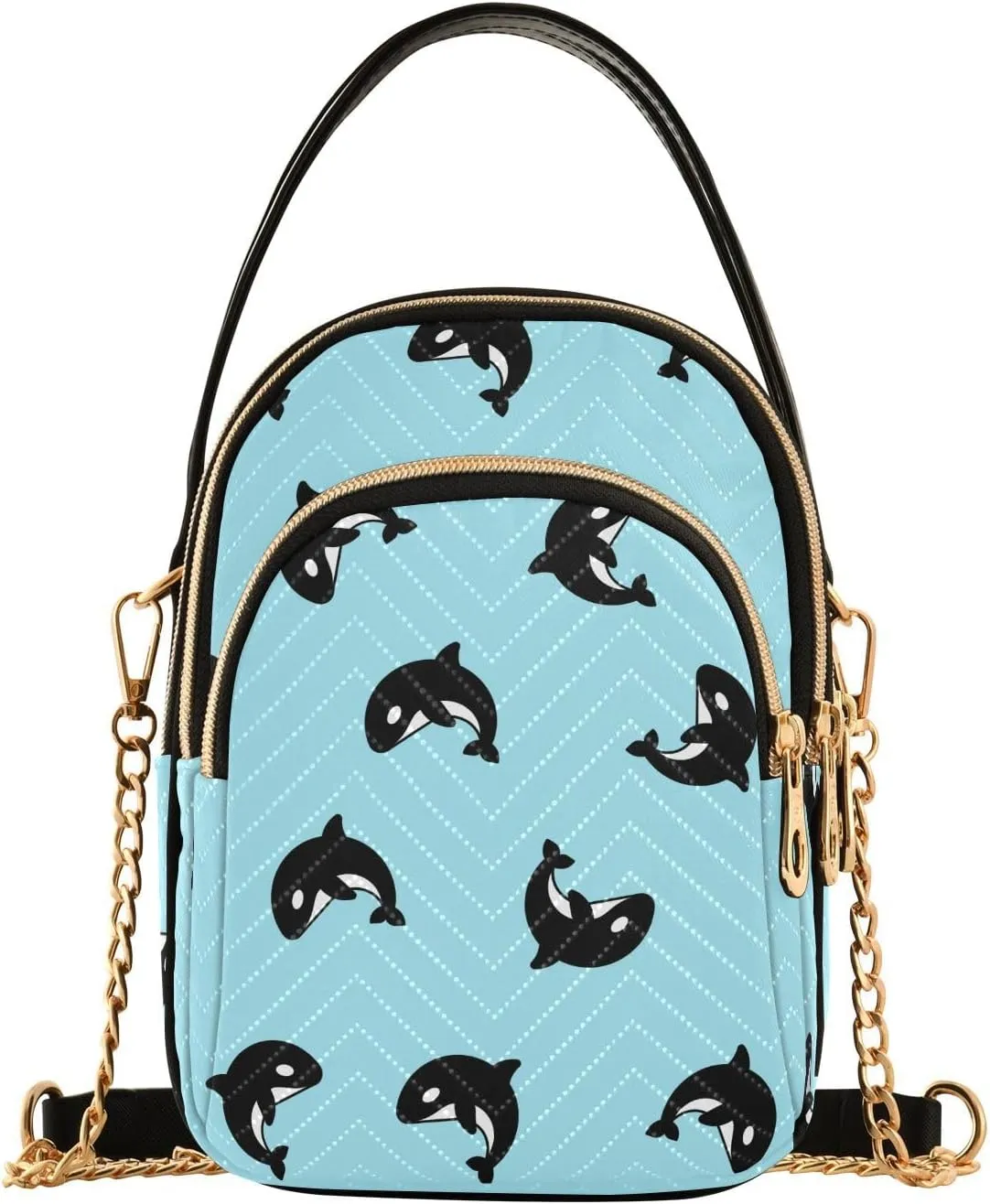 ALAZA Chain Crossbody Bags for Women Black Killer Whales Quilted Shoulder Crossbody Handbags Travel Cross Body Cell Phone Purses Bags