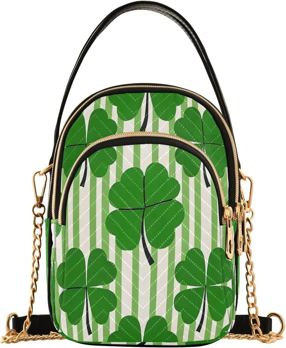 ALAZA Chain Crossbody Bags for Women Green Stripe Clover Lucky Leaf Quilted Shoulder Crossbody Handbags Travel Cross Body Cell Phone Purses Bags