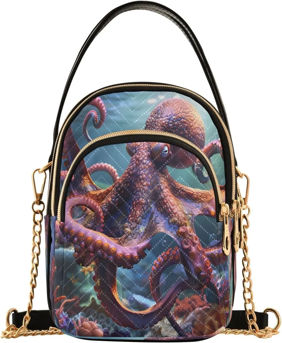 ALAZA Octopus under The Sea Chain Crossbody Bags for Women Quilted Shoulder Crossbody Handbags Travel Cross Body Cell Phone Purses Bags