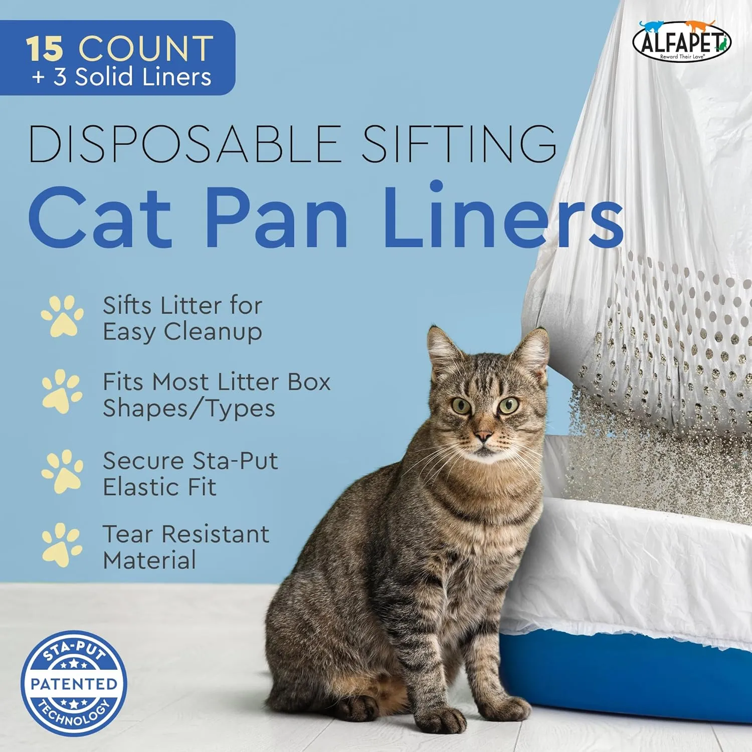 Alfapet Sifting Cat Litter Box Liners - Jumbo 15 Count, Pack of 5 - Tear-Resistant Cat Litter Bags, Waterproof Kitty Litter Liners, Fits Litterbox Pan Sizes X-Large, X-Giant, 37" x 18" 30 lb Capacity