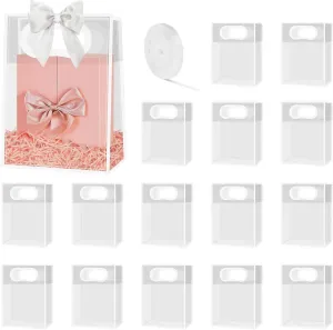 Alijoy 15-piece Reusable Plastic Gift Bags With Handles and Ribbon - Ideal for Christmas, Birthday Parties, Weddings, and Baby Showers (7"x3.15"x10", White)