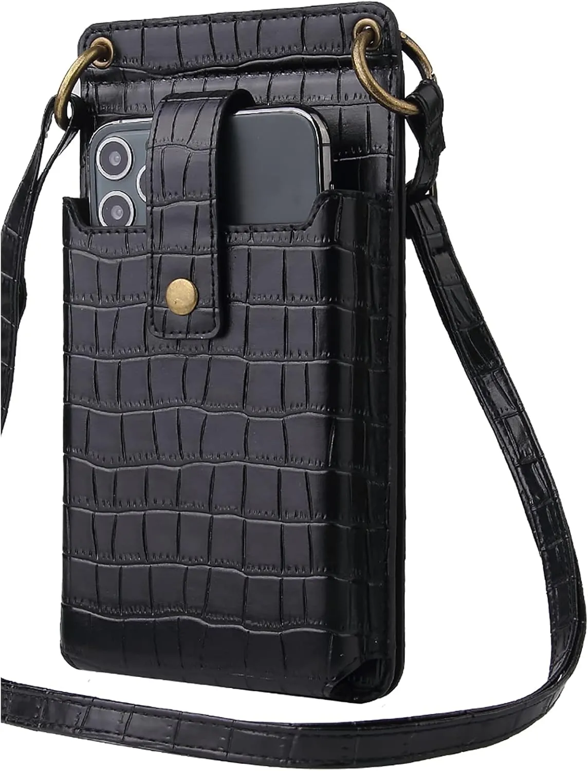 All-in-ONE Smartphone Crossbody Bag Crocodile Stripe with Card Slots,Zipper Bag Design, Makeup Mirror, Detachable Strap (Black)