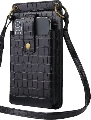 All-in-ONE Smartphone Crossbody Bag Crocodile Stripe with Card Slots,Zipper Bag Design, Makeup Mirror, Detachable Strap (Black)