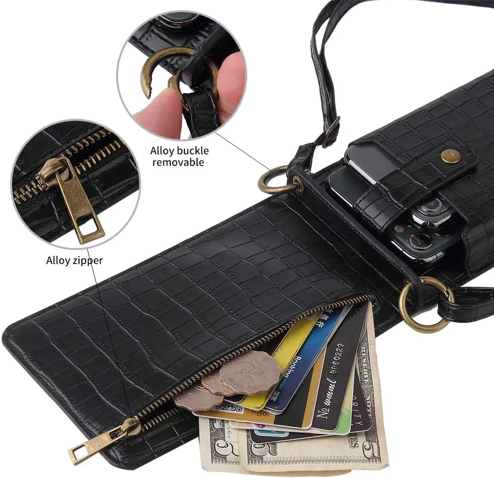 All-in-ONE Smartphone Crossbody Bag Crocodile Stripe with Card Slots,Zipper Bag Design, Makeup Mirror, Detachable Strap (Black)