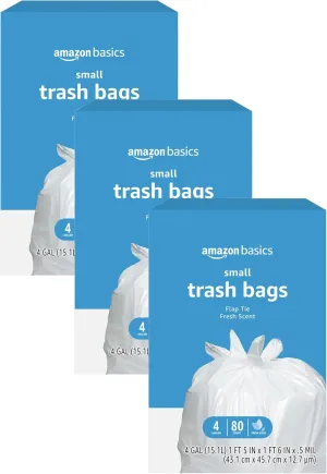 Amazon Basics 4 Gallon Trash Bags, Flap Ties with Fresh Scent, 80 Count (Pack of 3)
