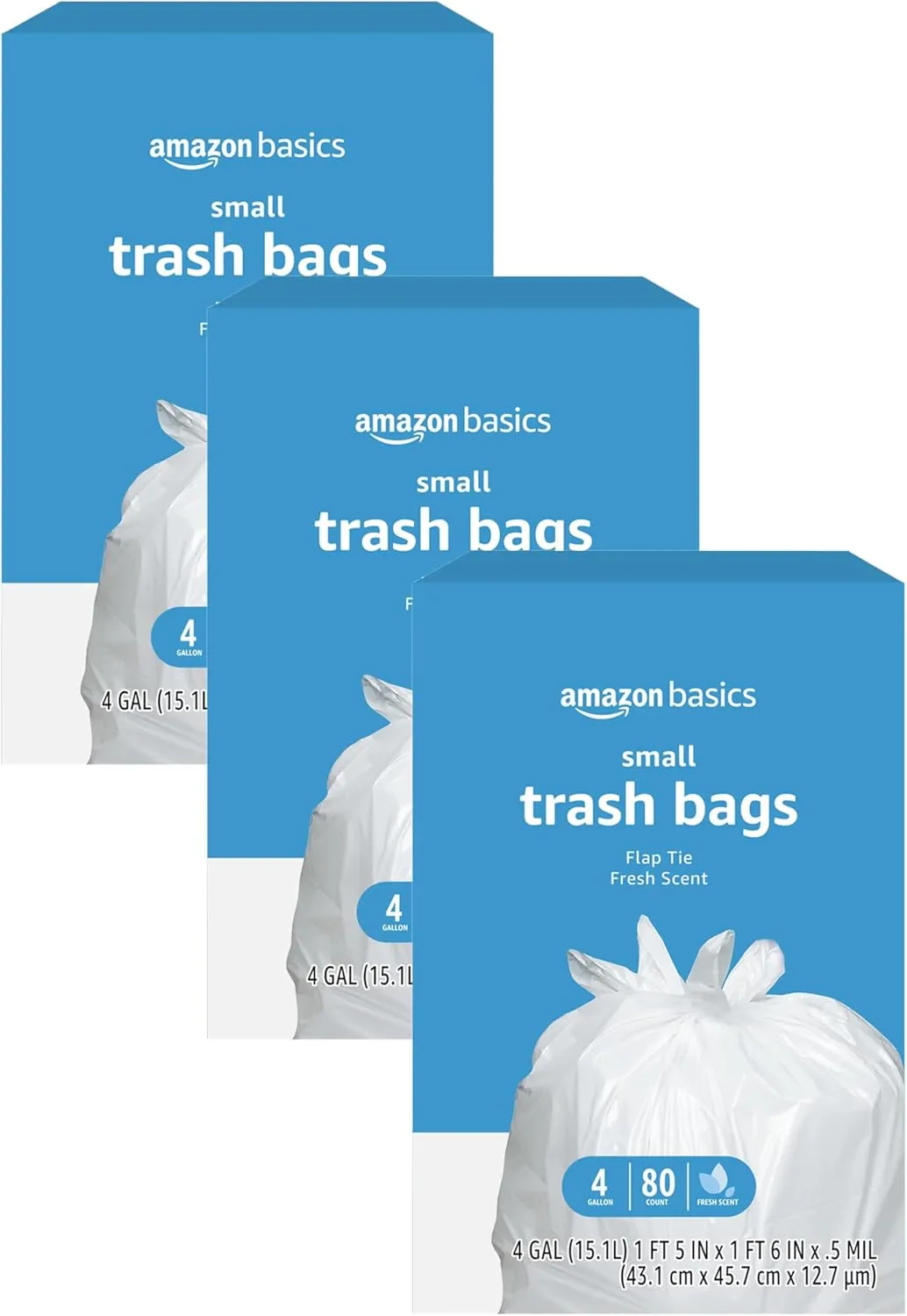Amazon Basics 4 Gallon Trash Bags, Flap Ties with Fresh Scent, 80 Count (Pack of 3)