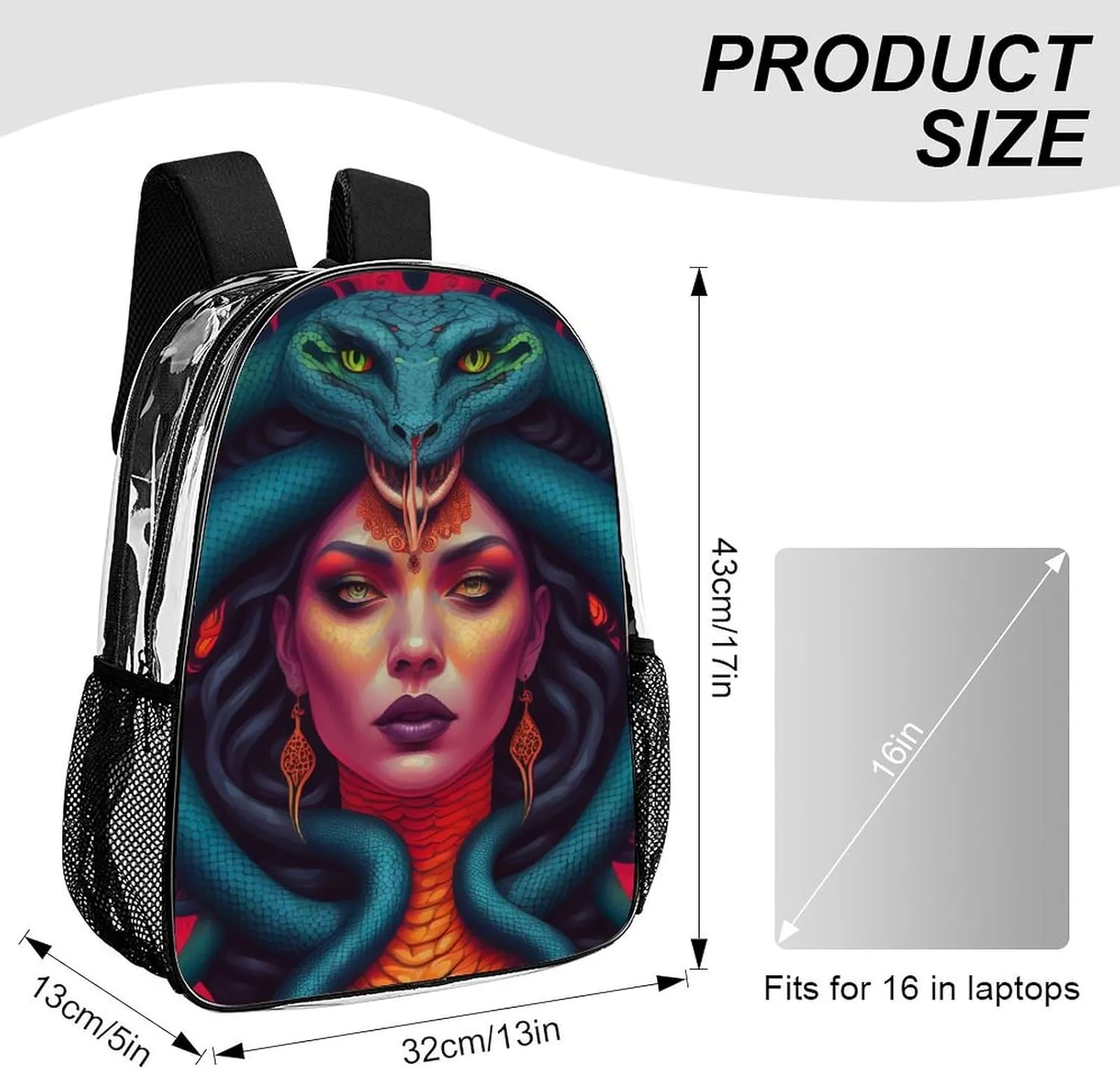 Ancient Greece Snake Queen Medusa Art Daypack Transparent Anti-Theft Multipurpose Bookbag Big Capacity Gym Outdoor Hiking Backpack With Adjustable Shoulder Straps