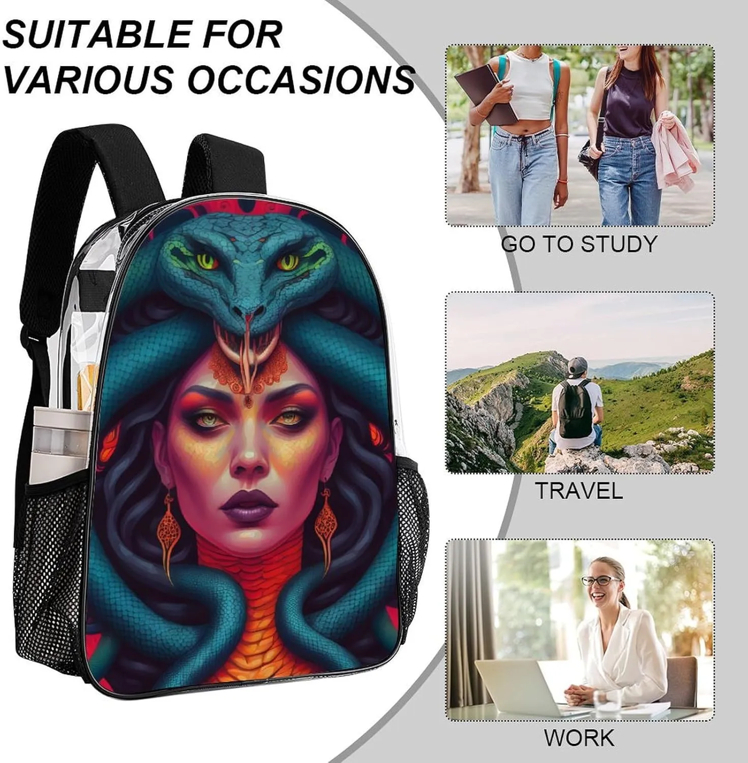 Ancient Greece Snake Queen Medusa Art Daypack Transparent Anti-Theft Multipurpose Bookbag Big Capacity Gym Outdoor Hiking Backpack With Adjustable Shoulder Straps