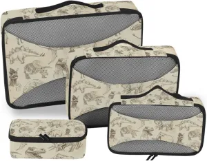 Ancient Old Animals Dinosaurs Elephants Crocodile Silhouette Retro 4 PCs Set Packing Bags, Luggage Organizer Bag, Portable Cube Toiletry bag, Durable Travel Cosmetic Storage Bag for Men Women
