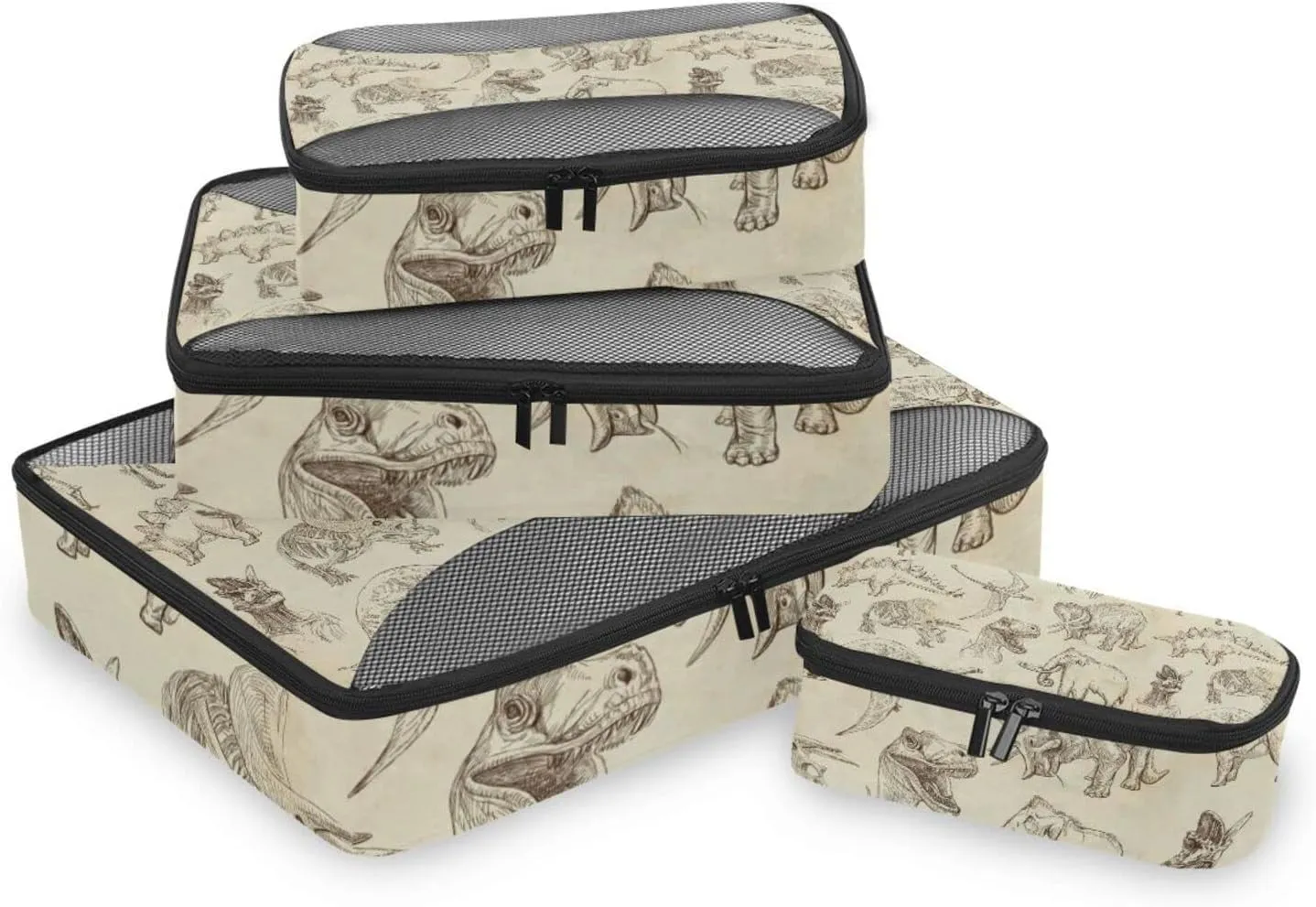 Ancient Old Animals Dinosaurs Elephants Crocodile Silhouette Retro 4 PCs Set Packing Bags, Luggage Organizer Bag, Portable Cube Toiletry bag, Durable Travel Cosmetic Storage Bag for Men Women