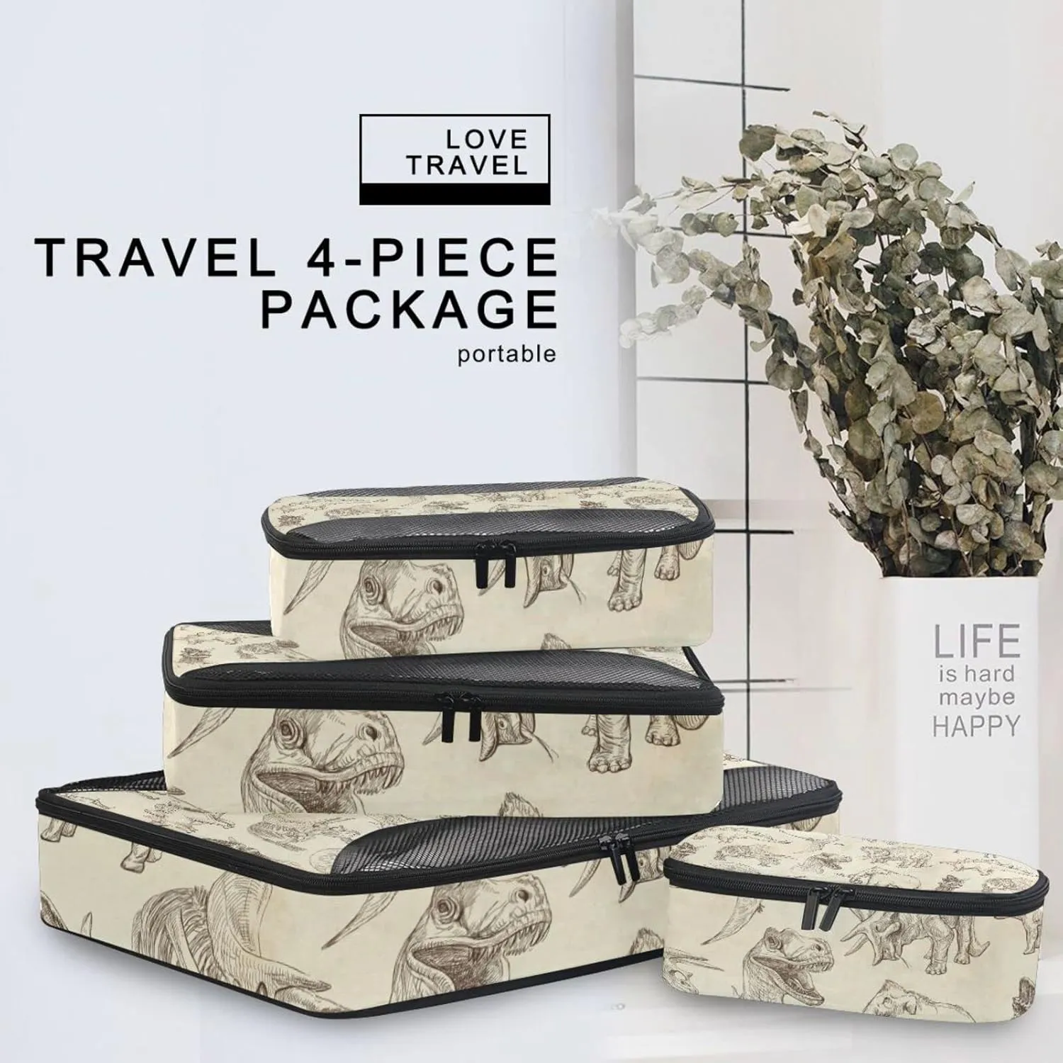 Ancient Old Animals Dinosaurs Elephants Crocodile Silhouette Retro 4 PCs Set Packing Bags, Luggage Organizer Bag, Portable Cube Toiletry bag, Durable Travel Cosmetic Storage Bag for Men Women
