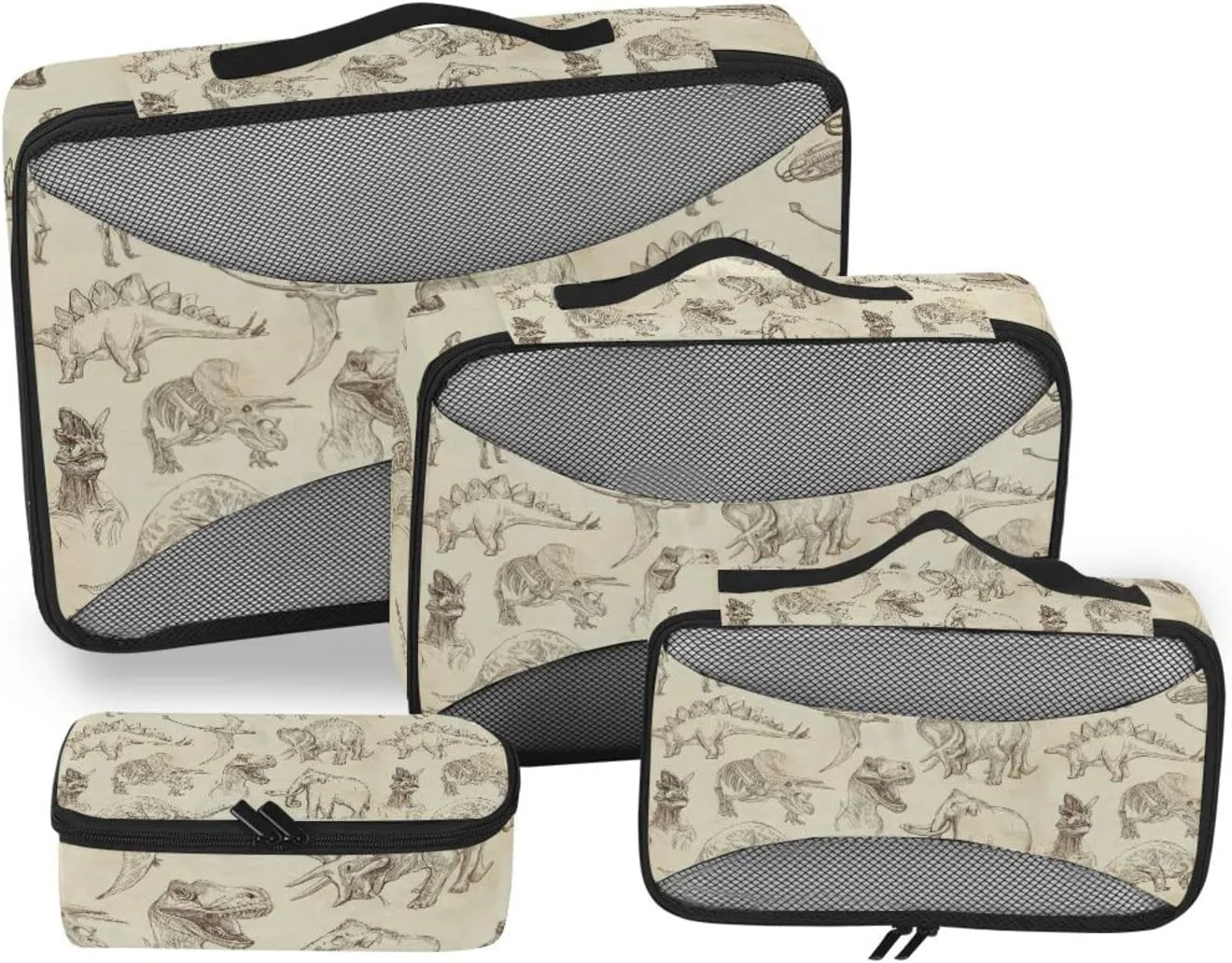 Ancient Old Animals Dinosaurs Elephants Crocodile Silhouette Retro 4 PCs Set Packing Bags, Luggage Organizer Bag, Portable Cube Toiletry bag, Durable Travel Cosmetic Storage Bag for Men Women