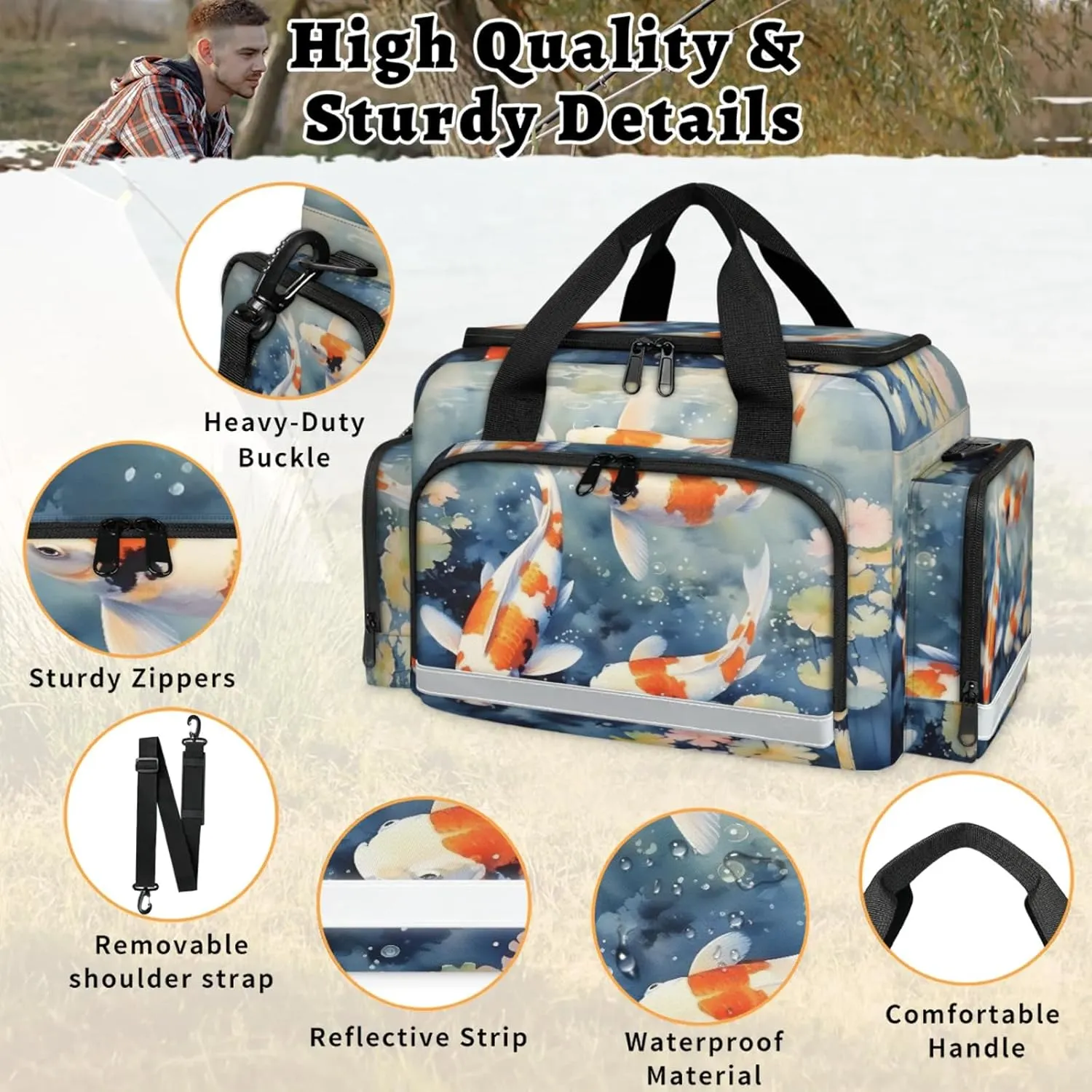Anti-Scratch Duffle Bag for Travel 25x17.7x11.2 Inch - Waterproof Duffel Bag for Camping Fitness, Durable EMS Gear for First Responders Fish Pond