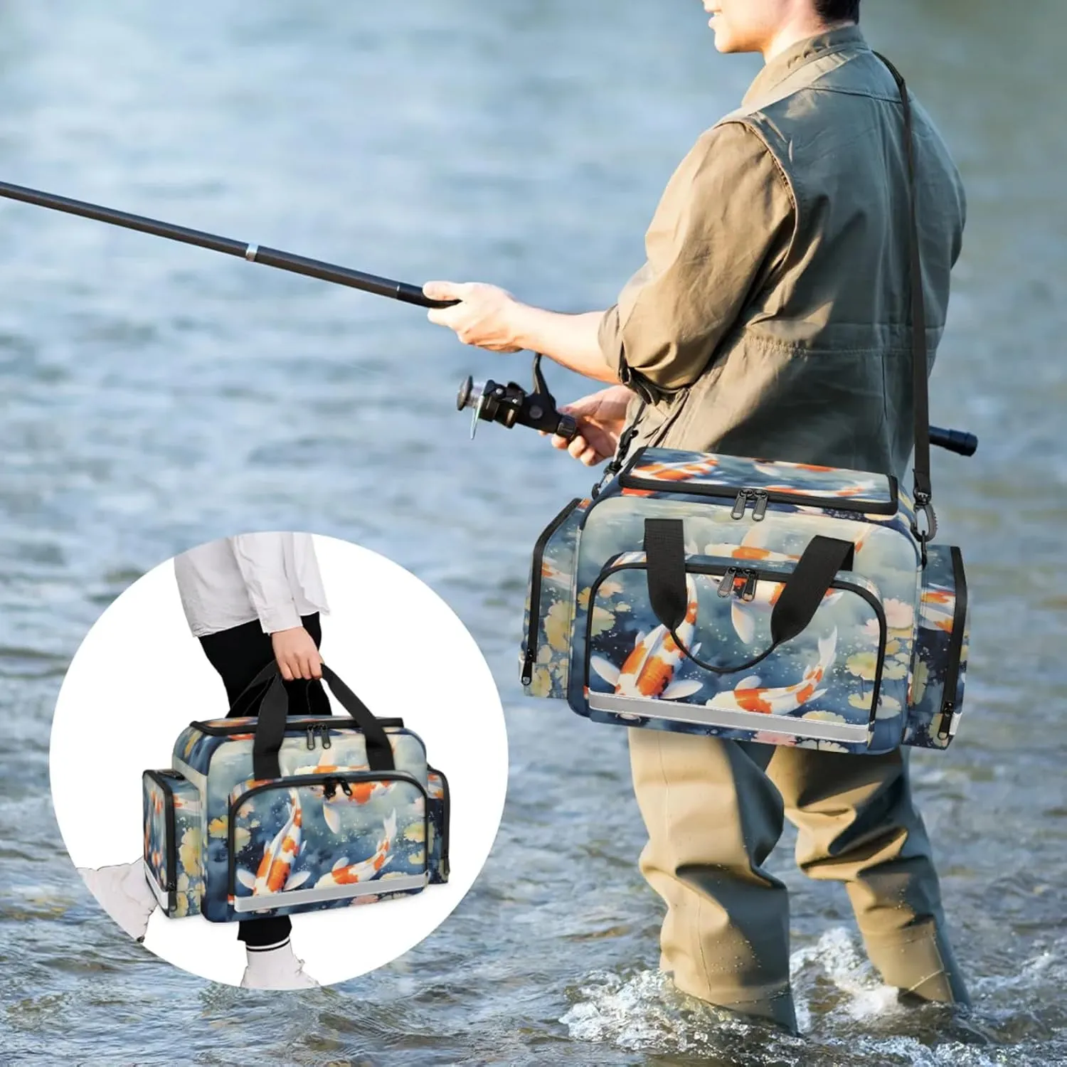 Anti-Scratch Duffle Bag for Travel 25x17.7x11.2 Inch - Waterproof Duffel Bag for Camping Fitness, Durable EMS Gear for First Responders Fish Pond