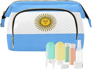 Argentina Flag Quilted Cosmetic Bag with 9-Piece Accessory Set, Wide-open Cosmetic Travel Bags Cosmetic Bags for Women for Purse