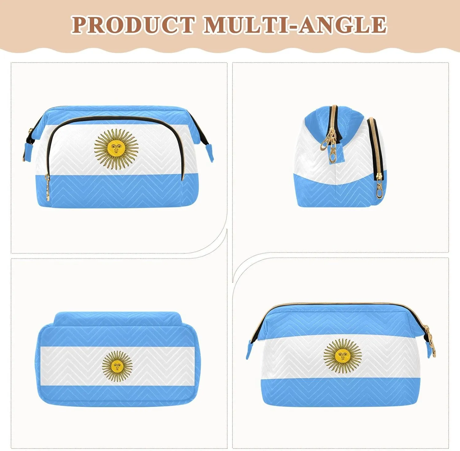 Argentina Flag Quilted Cosmetic Bag with 9-Piece Accessory Set, Wide-open Cosmetic Travel Bags Cosmetic Bags for Women for Purse