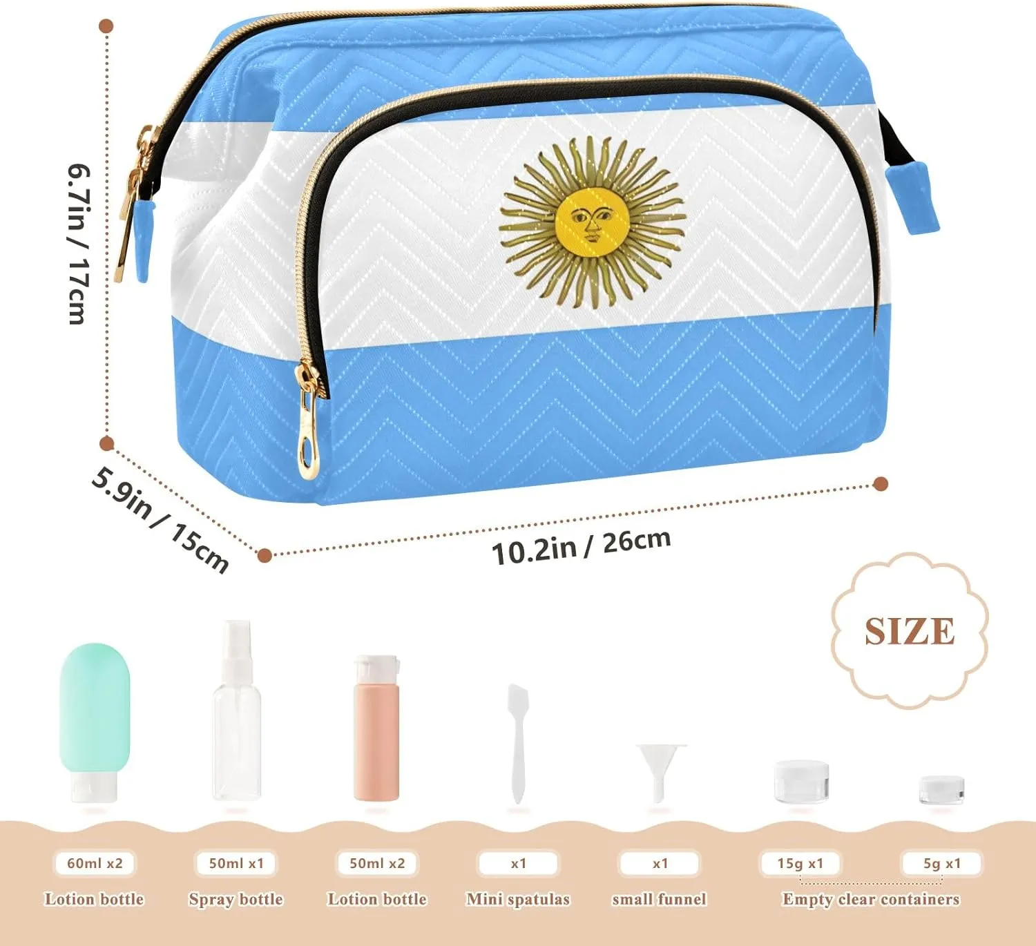 Argentina Flag Quilted Cosmetic Bag with 9-Piece Accessory Set, Wide-open Cosmetic Travel Bags Cosmetic Bags for Women for Purse