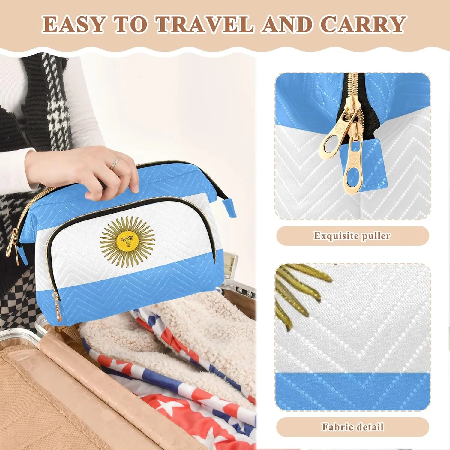 Argentina Flag Quilted Cosmetic Bag with 9-Piece Accessory Set, Wide-open Cosmetic Travel Bags Cosmetic Bags for Women for Purse