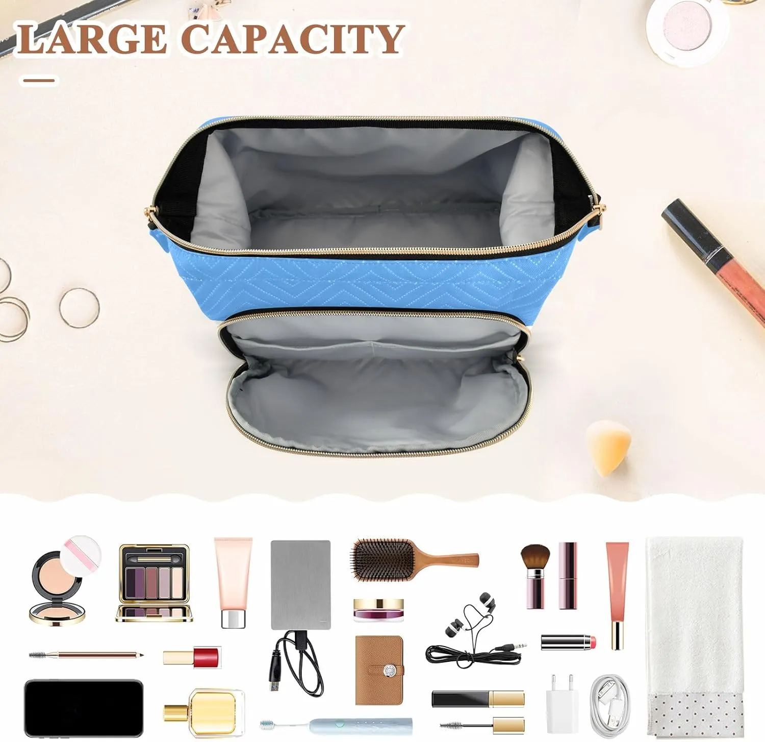 Argentina Flag Quilted Cosmetic Bag with 9-Piece Accessory Set, Wide-open Cosmetic Travel Bags Cosmetic Bags for Women for Purse