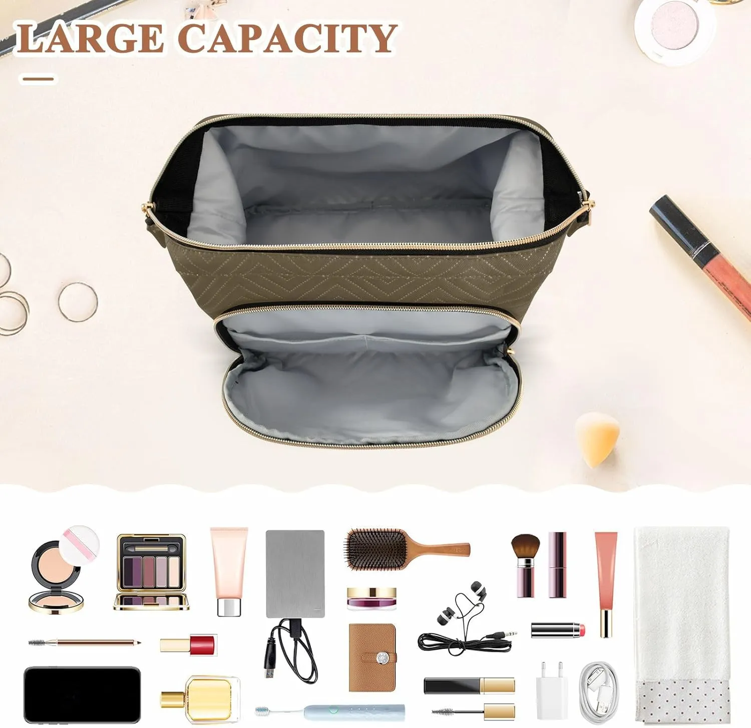 Ash Brown Custom Makeup Bag Travel Toiletry Bag Cosmetic Bag Pouch Cute Large Makeup Case Box Skincare Bag Organizer Make Up Bags for Purse Women Men Toiletries Sports Trip Adults