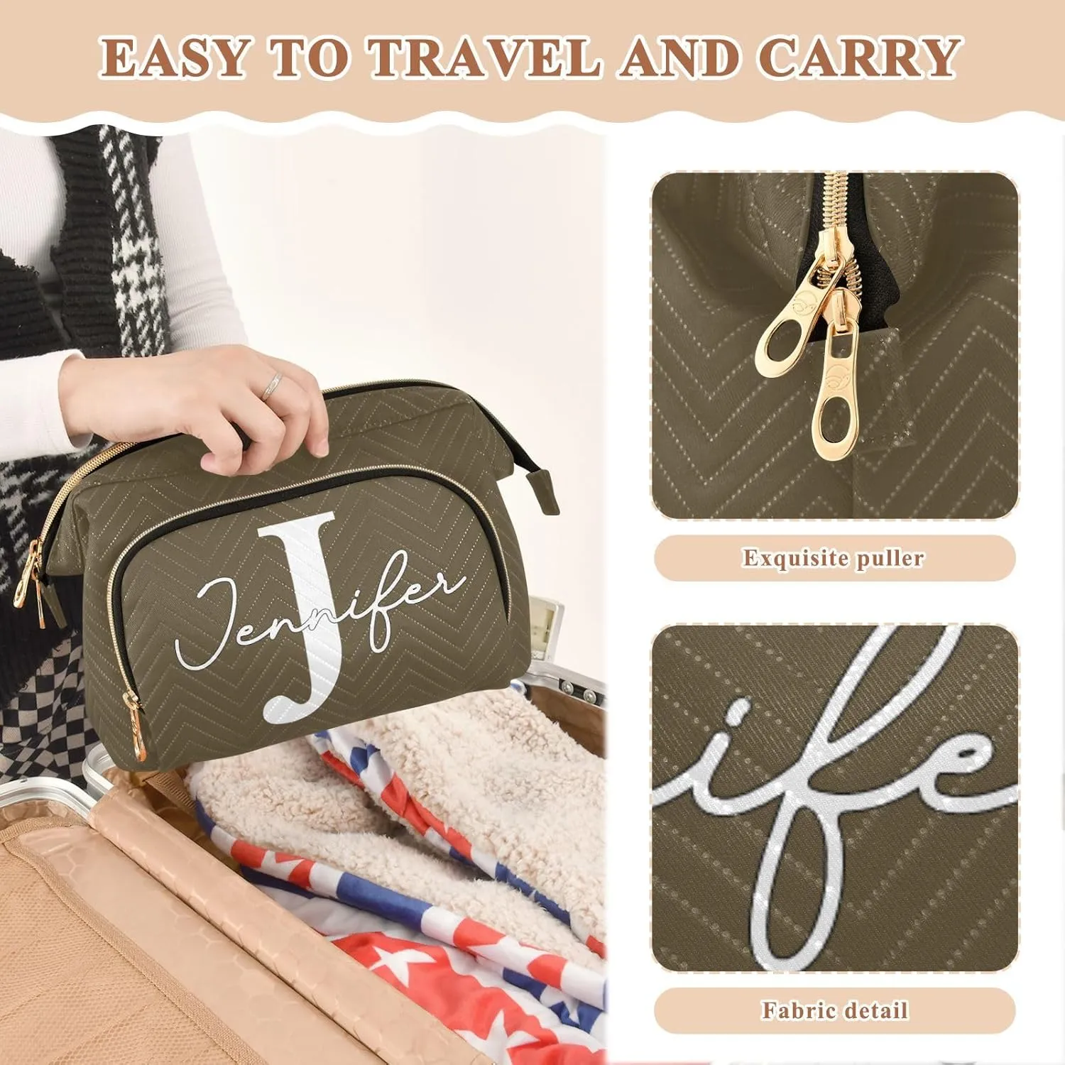 Ash Brown Custom Makeup Bag Travel Toiletry Bag Cosmetic Bag Pouch Cute Large Makeup Case Box Skincare Bag Organizer Make Up Bags for Purse Women Men Toiletries Sports Trip Adults