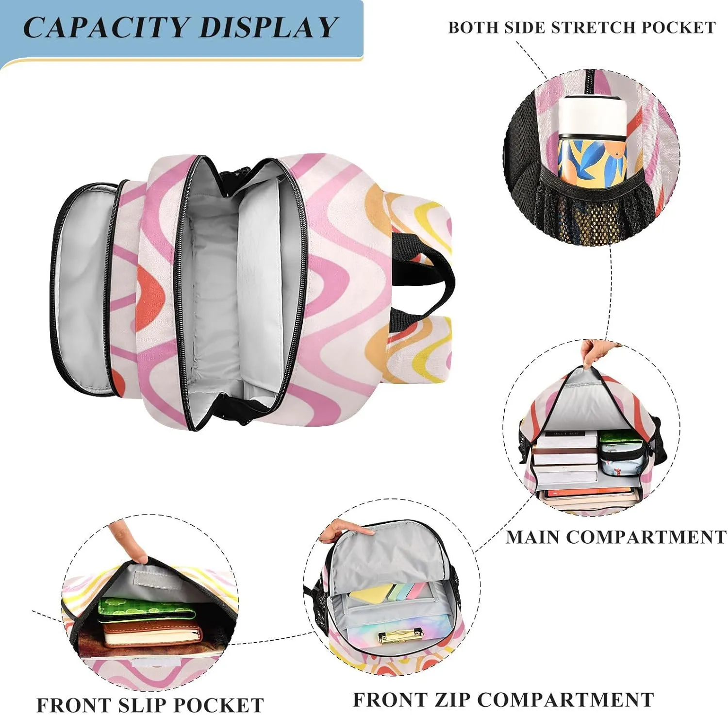 Aslsiy Kids Backpack Groovy Hippie Retro Wave School Backpack for Boys Girls Pink Book Bags Daycare 17 Inch Laptop Bag