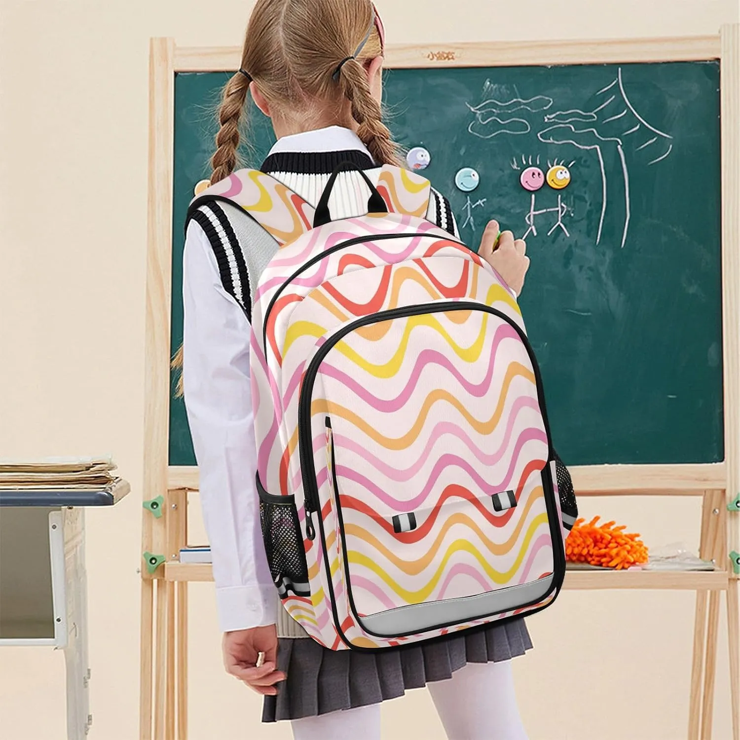 Aslsiy Kids Backpack Groovy Hippie Retro Wave School Backpack for Boys Girls Pink Book Bags Daycare 17 Inch Laptop Bag