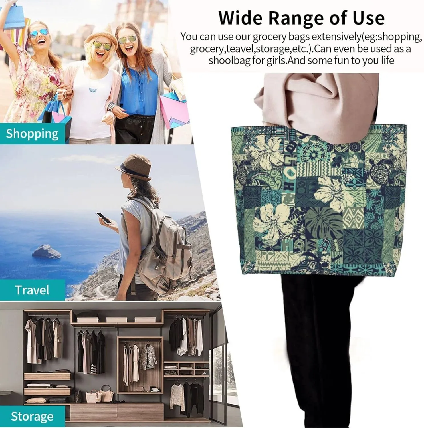 ASYG Hawaiian Flower Tote Shoulder Bag Tribe Pattern Grocery Bags Storage Handle Shopping Bag