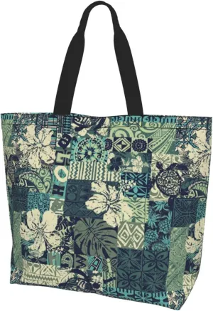 ASYG Hawaiian Flower Tote Shoulder Bag Tribe Pattern Grocery Bags Storage Handle Shopping Bag