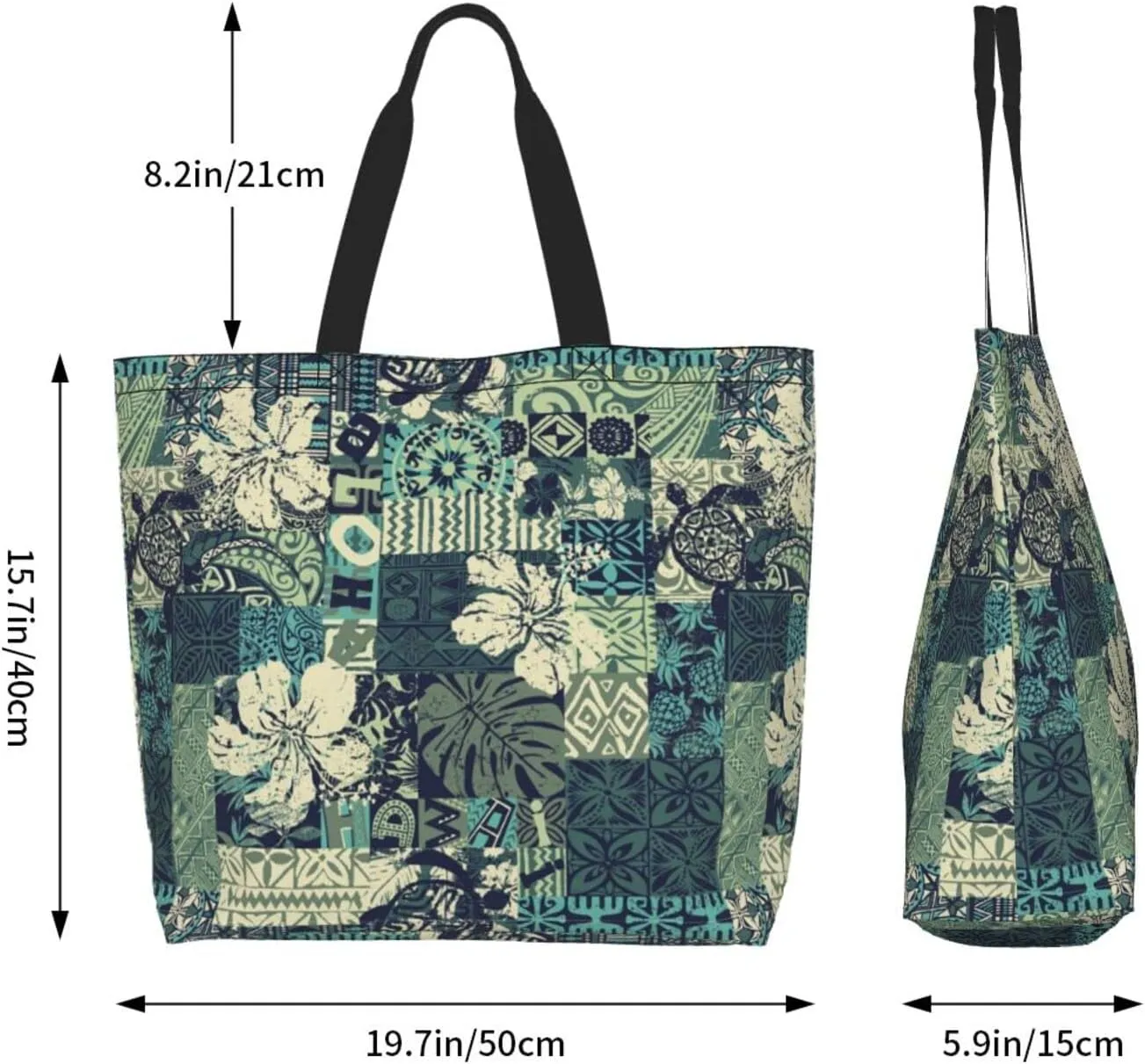 ASYG Hawaiian Flower Tote Shoulder Bag Tribe Pattern Grocery Bags Storage Handle Shopping Bag