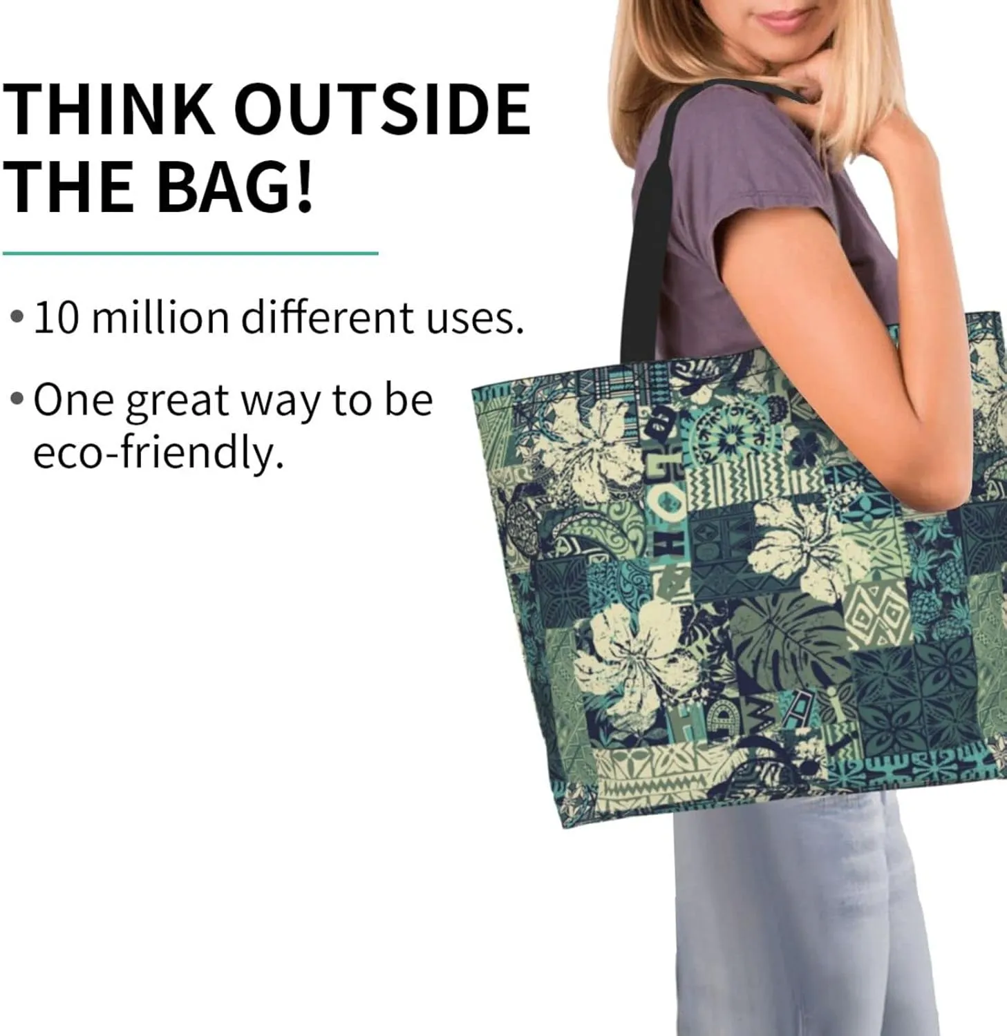 ASYG Hawaiian Flower Tote Shoulder Bag Tribe Pattern Grocery Bags Storage Handle Shopping Bag