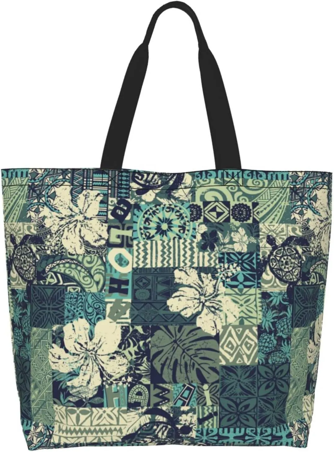 ASYG Hawaiian Flower Tote Shoulder Bag Tribe Pattern Grocery Bags Storage Handle Shopping Bag