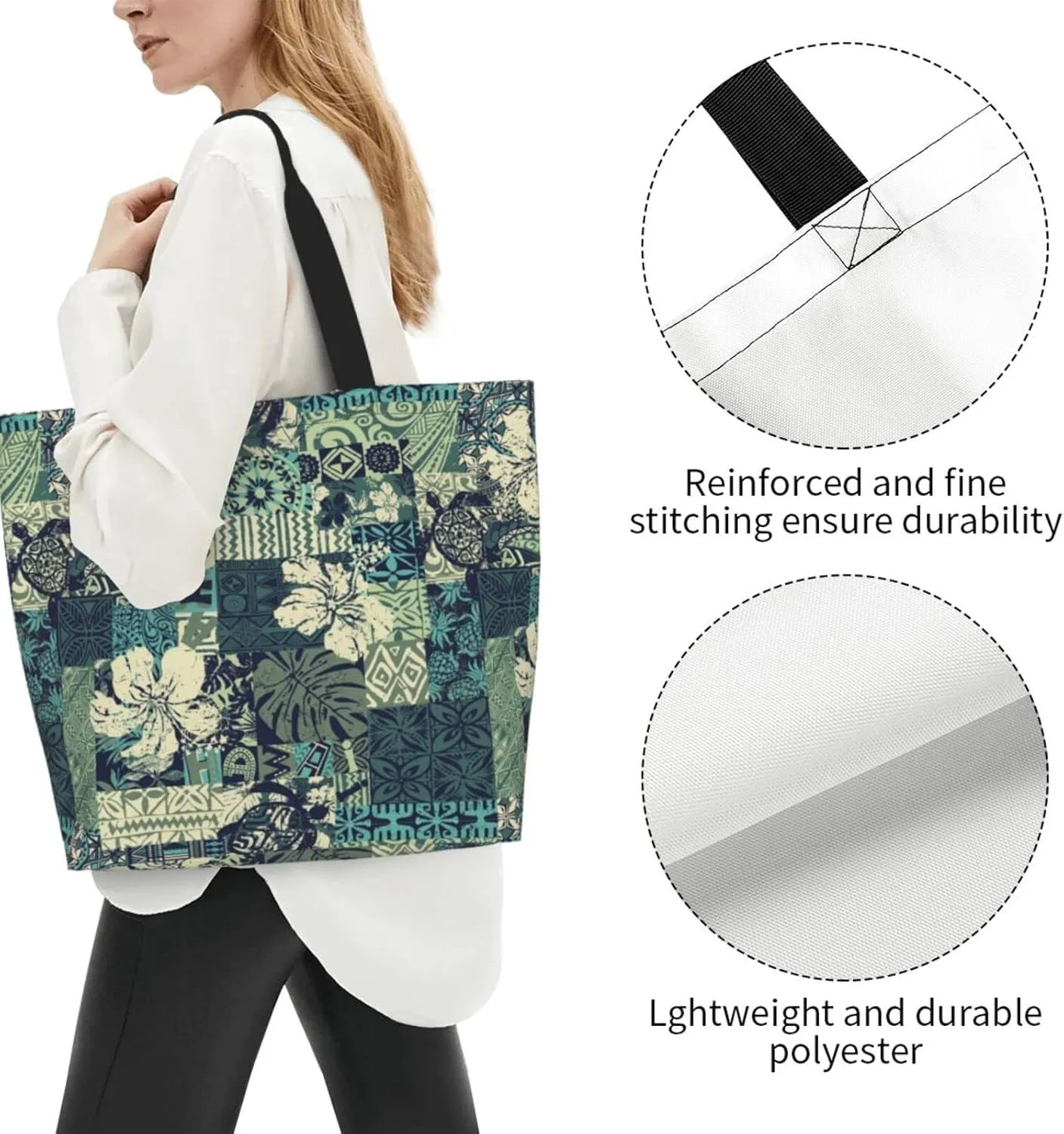 ASYG Hawaiian Flower Tote Shoulder Bag Tribe Pattern Grocery Bags Storage Handle Shopping Bag