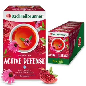 Bad Heilbrunner Active Defense Tea with Vitamin C – Immune Boosting Herbal Blend with Pomegranate & Echinacea – 5 x 20 Tea Bags – Vegan, Natural, Caffeine-Free