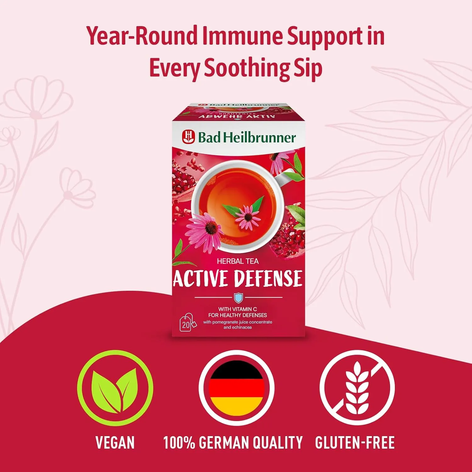 Bad Heilbrunner Active Defense Tea with Vitamin C – Immune Boosting Herbal Blend with Pomegranate & Echinacea – 5 x 20 Tea Bags – Vegan, Natural, Caffeine-Free